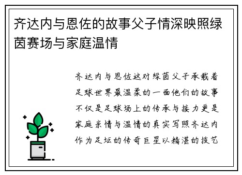 齐达内与恩佐的故事父子情深映照绿茵赛场与家庭温情 齐达内与恩佐的故事父子情深映照绿茵赛场与家庭温情