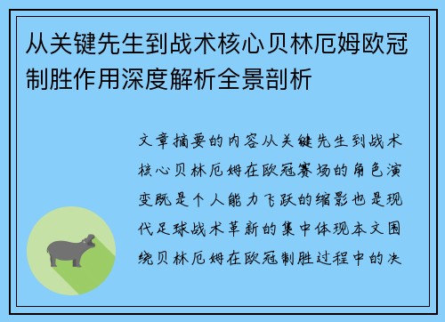 从关键先生到战术核心贝林厄姆欧冠制胜作用深度解析全景剖析 从关键先生到战术核心贝林厄姆欧冠制胜作用深度解析全景剖析